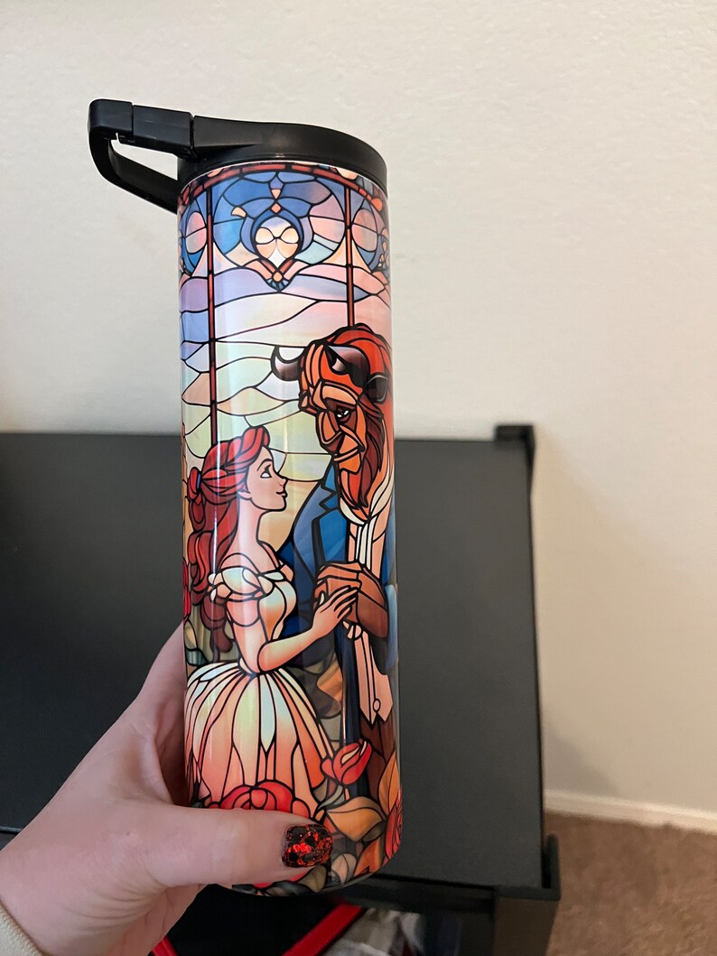 Beauty and the Beast Stained Glass Tumbler with Straw Princess Tumbler Beauty Beast Decor Personalized Belle and Beast Tumbler image 4