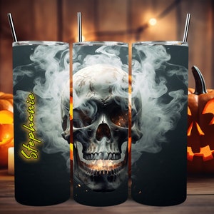 Smoking Skull Personalized Halloween Glow Tumbler with Straw Big Glow in the Dark Halloween Tumbler Halloween 2023 image 1