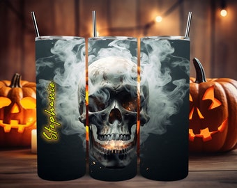 Smoking Skull Personalized Halloween Glow Tumbler with Straw - Big Glow in the Dark Halloween Tumbler | Halloween 2023