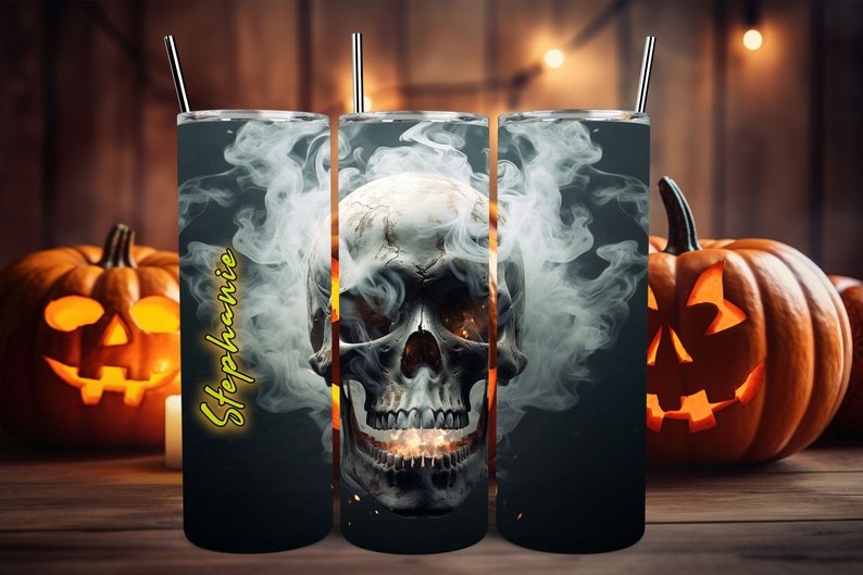 Smoking Skull Personalized Halloween Glow Tumbler with Straw Big Glow in the Dark Halloween Tumbler Halloween 2023 image 1