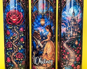 Beauty and the Beast Stained Glass Personalizable Tumbler with Straw | Princess Tumbler | Beauty Beast Decor| Belle and Beast Tumbler