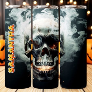 Smoking Skull Personalized Halloween Glow Tumbler with Straw Big Glow in the Dark Halloween Tumbler Halloween 2023 image 9