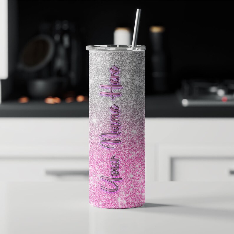 Pink and Silver Personalized Hombre Glitter Tumbler 20oz Skinny Tumbler Gift for Her Customized Tumbler with Straw image 9