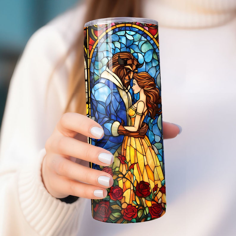 Beauty and the Beast Stained Glass Tumbler with Straw v2 Princess Tumbler Beauty Beast Decor Personalized Belle and Beast Tumbler image 5