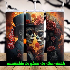 Sugar Skull Couple Personalized Halloween Glow Tumbler with Straw Big Glow in the Dark Halloween Tumbler Halloween 2023 image 10