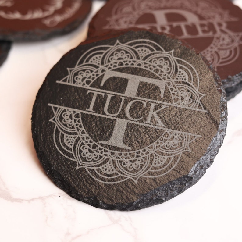 Custom Slate Photo Coasters Round or Square, Monogrammed Coasters, Photo Coasters, Slate Coaster set, Engraved Coasters, Stone Coasters Mandala