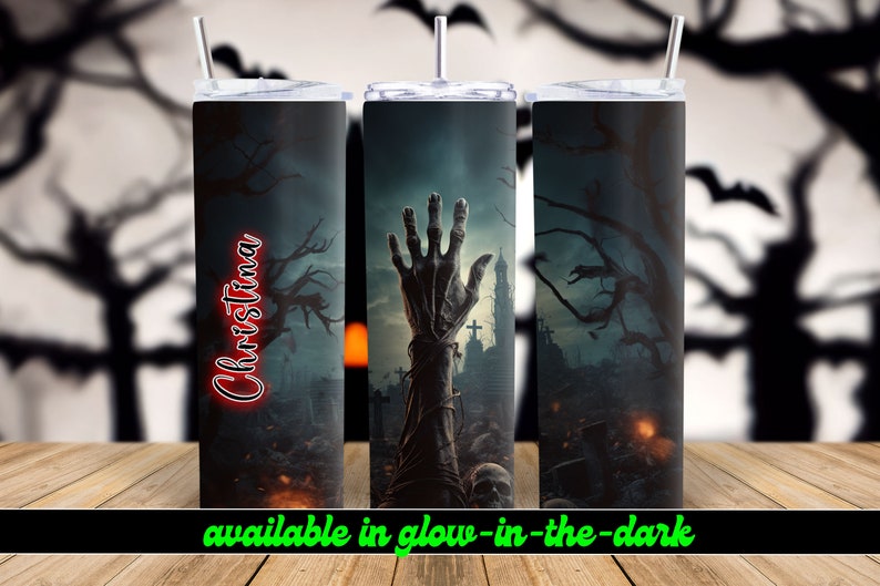 Zombie Arm Personalized Halloween Glow Tumbler with Straw Big Glow in the Dark Halloween Tumbler Halloween 2023 image 10