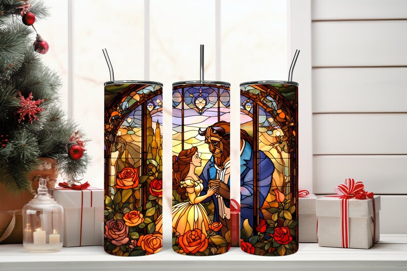 Beauty and the Beast Stained Glass Tumbler with Straw Princess Tumbler Beauty Beast Decor Personalized Belle and Beast Tumbler image 1