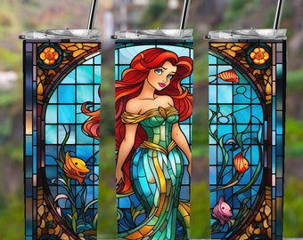 The Little Mermaid Stained Glass Tumbler with Straw | Princess Tumbler | Personalized Mermaid Tumbler