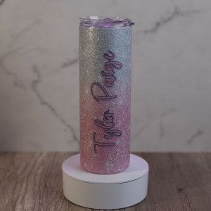 Pink and Silver Personalized Hombre Glitter Tumbler 20oz Skinny Tumbler Gift for Her Customized Tumbler with Straw afbeelding 2