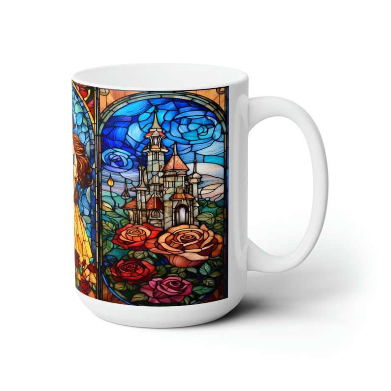 Beauty and the Beast Stained Glass 15 Oz Coffe Mug Bookish Rose Mug Gift for her coffee cup Unique Mothers Day Gift image 3