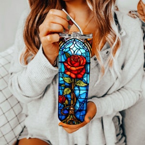 Beauty and the Beast Stained Glass Tumbler with Straw v2 Princess Tumbler Beauty Beast Decor Personalized Belle and Beast Tumbler image 9