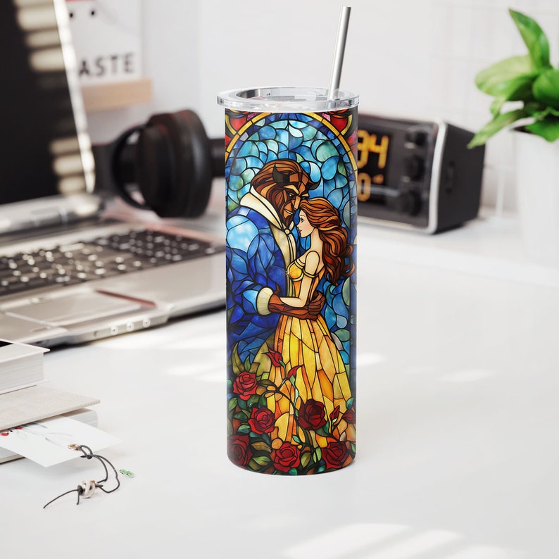 Beauty and the Beast Stained Glass Tumbler with Straw v2 Princess Tumbler Beauty Beast Decor Personalized Belle and Beast Tumbler image 7