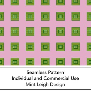 May include: A seamless pattern featuring a repeating design of green and yellow computer chips on a light pink background.