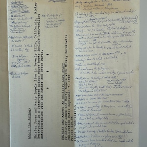 Könnte beinhalten: Ein cremefarbenes Papierdokument mit gedrucktem biografischem Text über Shirley Jones und Marty Ingels, ergänzt durch umfangreiche handschriftliche Notizen in blauer Tinte, die verschiedene Anekdoten, Karrierehöhepunkte und persönliche Details enthalten.