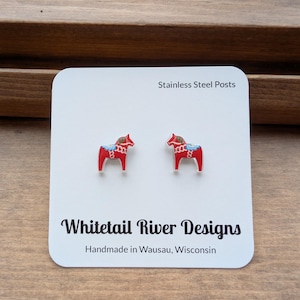 Red Dala Horse Acrylic Post Stud Earrings with Stainless Steel Posts - Updated Style