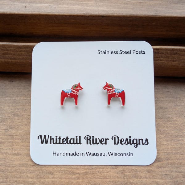 Red Dala Horse Acrylic Post Stud Earrings with Stainless Steel Posts - Updated Style