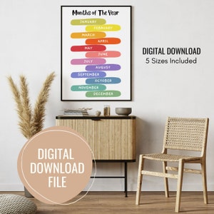 Maanden van het jaar afdrukbare seizoenen, Montessori-onderwijs, onderwijsdecor, klaskunst, kinderdagverblijfprint, thuisonderwijs, digitaal bestand