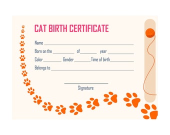 Kitten Birth Certificates Cat Certificate Printable Pet Birth Cert ...