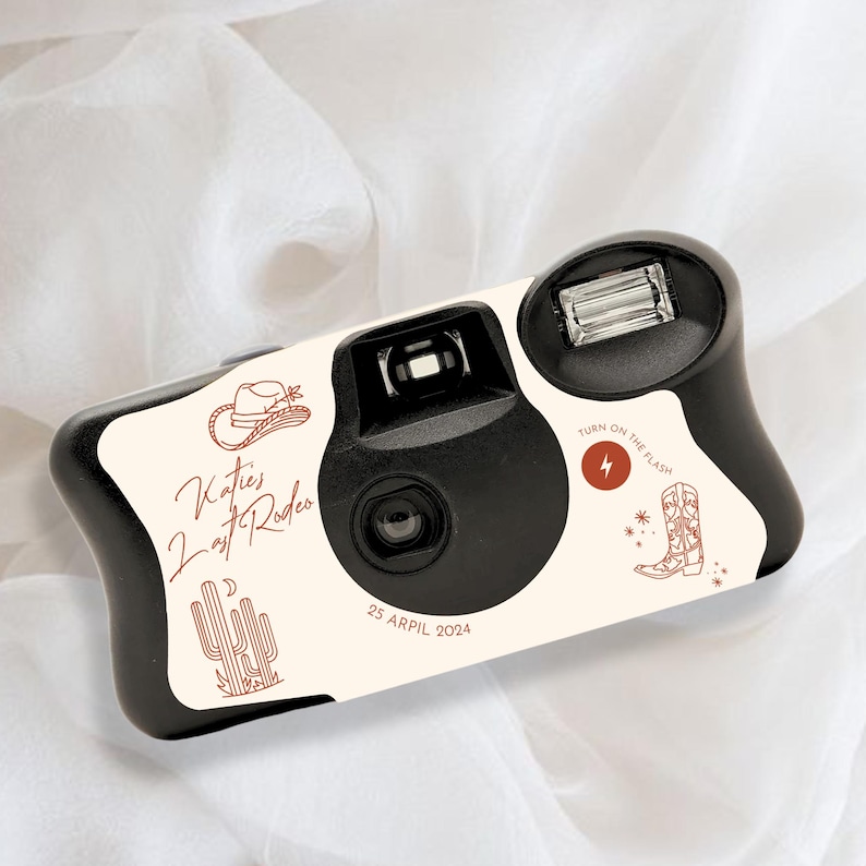 2 x Kodak Disposable Camera Wrap Cover beige and orange, Last Rodeo, cowgirl hens party 2 x stickers **byo camera, sticker wrap only** image 1