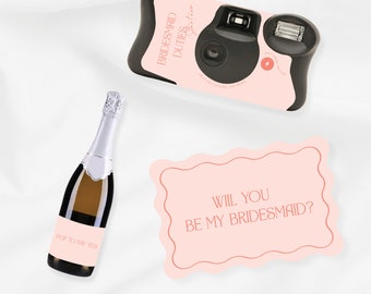 Bridesmaid/ maid of honour proposal set,  wavy card, wine bottle label, camera wrap. wedding, hens pack