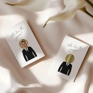 Qui a le marié ? – Jeu à gratter pour une fête de poule | Jeu d'enterrement de vie de jeune fille personnalisé | Cartes imprimées avec autocollants à gratter