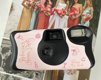2 x Kodak Disposable Camera Wrap Cover pink and orange  hand drawn, illustration hens party 2 x stickers **byo camera, sticker wrap only**