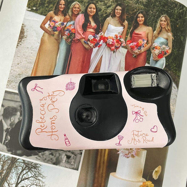 2 x Kodak Disposable Camera Wrap Cover pink and orange  hand drawn, illustration hens party 2 x stickers **byo camera, sticker wrap only**