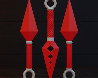 Puede incluir: Tres cuchillos kunai rojos con detalles blancos y anillos se muestran sobre un fondo oscuro. El cuchillo central tiene un recorte en forma de diamante y un mango texturizado. Los otros dos tienen un diseño simple.