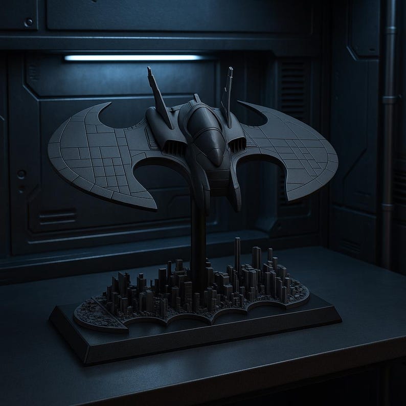 May include: A black model of a Batwing aircraft, featuring a sleek design with large wings and a central cockpit. The model is mounted on a stand above a miniature cityscape base, all in a dark, matte finish.