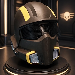 May include: A matte black helmet featuring bold yellow stripes running across the top and yellow accents around the lower vents. The helmet includes a dark, perforated visor and silver-coloured vertical intake grilles on the front chin guard.