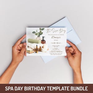Offre groupée de fête d'anniversaire pour une journée au spa - Modèles de carte d'invitation modifiables • Panneau de bienvenue • Étiquettes • Tags • Bannière et plus
