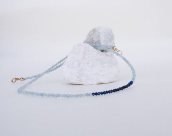 Two Tone Beaded Gemstone Necklace – Aquamarine and Lapis Lazuli, 14K Gold Filled Closure