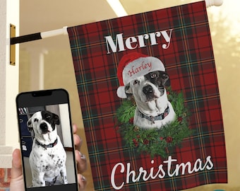 Custom Dog Portrait Christmas House Flag, Personalized Dog Face Xmas House Banner, Merry Christmas Pet Yard Flag Gift Using Dog Photo