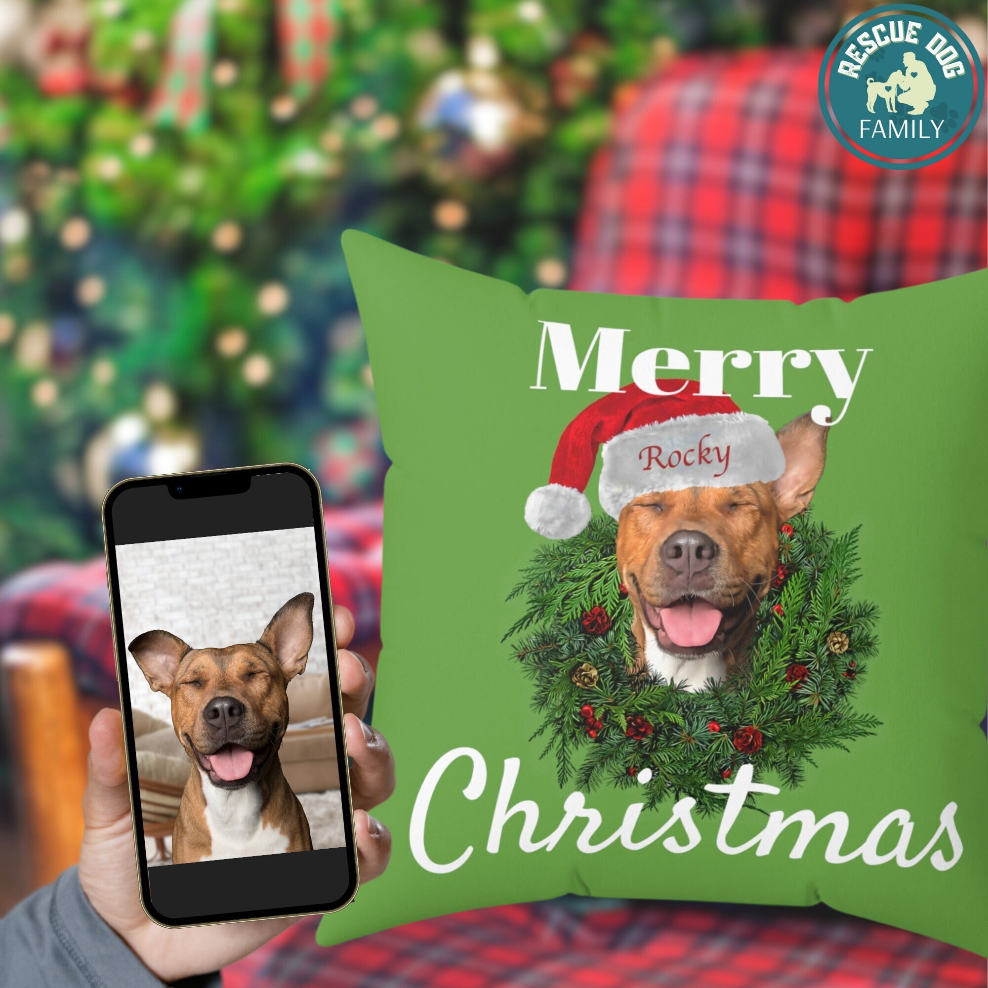 Personalized Dog Portrait Christmas Pillow, Custom Dog Xmas Pillow Using Dog Photo, Personalized Christmas Pillow Gift For Dog People