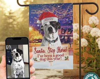 Christmas Dog Garden Flag, Personalized Xmas Pet Yard Flag Using Dog Photo, Custom Holiday Season Garden Flag Gift For Dog Owner & Dog Lover
