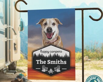 Camper Sign Name with Dog, Custom Welcome to Our Campsite Happy Campers Garden Flag, Motor Home Camper RV Decor, Gift for Camping Family