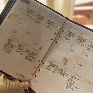 May include: A ring-bound planner open to a weekly spread with grid paper. The pages feature handwritten daily schedules, to-do lists, and small decorative stickers. The layout includes columns for Monday through Friday, with gold-toned metal rings.