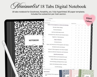 Cuaderno digital vertical, 18 pestañas con hipervínculos, planificador de estudios para estudiantes, collage, cuaderno con hipervínculos para Goodnotes y Notability...