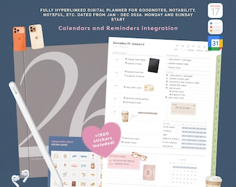 2026 Digital Planner for GoodNotes | Daily, Weekly, Monthly | Calendar & Reminders Integration | Minimalist Planner + Free Stickers
