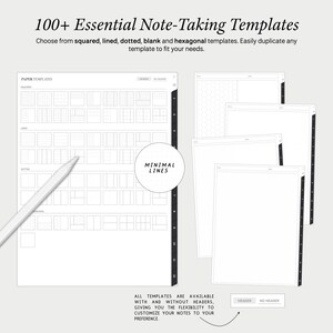 Op de afbeelding: Een verzameling van meer dan 100 notitie sjablonen, waaronder vierkante, gestreepte, gestippelde, lege en zeshoekige ontwerpen. De sjablonen zijn beschikbaar met of zonder kopteksten, waardoor aanpassing mogelijk is. De tekst "MINIMAL LINES" is zichtbaar op de afbeelding.