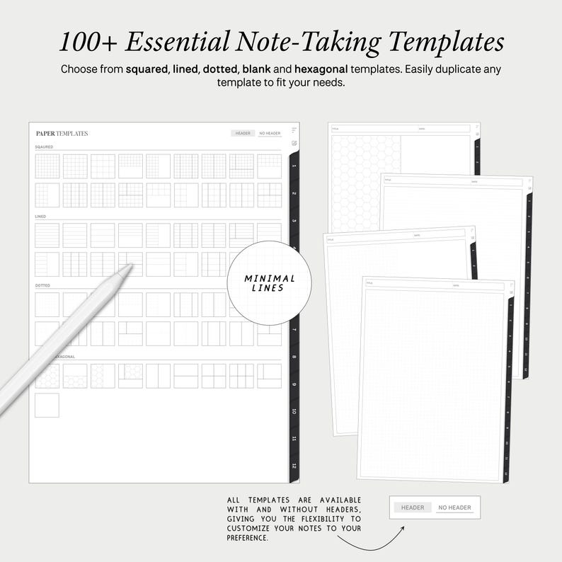 Op de afbeelding: Een verzameling van meer dan 100 notitie sjablonen, waaronder vierkante, gestreepte, gestippelde, lege en zeshoekige ontwerpen. De sjablonen zijn beschikbaar met of zonder kopteksten, waardoor aanpassing mogelijk is. De tekst "MINIMAL LINES" is zichtbaar op de afbeelding.