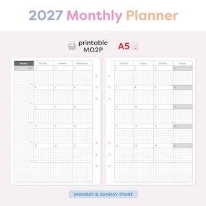 May include: A 2027 monthly planner in A5 size with a grid layout. The pages feature a two-page spread with columns for days of the week, including Monday and Sunday start options. Text includes 2027 Monthly Planner, printable MO2P, A5, and MONDAY & SUNDAY START.