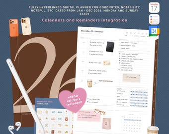 2026 Digital Planner for GoodNotes | Daily, Weekly, Monthly | Calendar & Reminders Integration | Minimalist Planner + Free Stickers