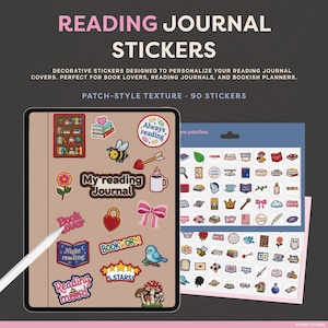 May include: A set of reading journal stickers with a variety of designs, including books, bees, and bows. The stickers are designed to personalize reading journals and covers. The image also shows a tablet with stickers applied and a sheet of additional stickers.