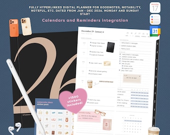 2026 Digital Planner for GoodNotes | Daily, Weekly, Monthly | Calendar & Reminders Integration | Minimalist Planner + Free Stickers