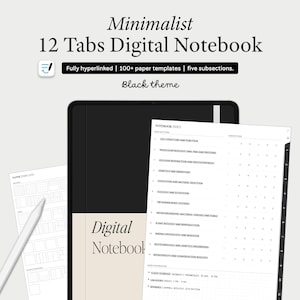Cahier numérique minimaliste pour GoodNotes, 12 sujets et 5 sous-sections, modèles quadrillés en pointillés, couleurs neutres, étudiants en mode portrait
