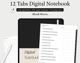 Cuaderno digital minimalista para estudiantes de GoodNotes: 12 asignaturas y 5 subsecciones, plantillas con cuadrícula de puntos, colores neutros y modo vertical.