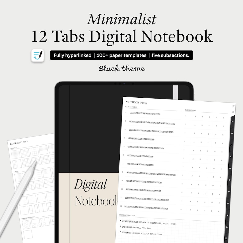 Op de afbeelding: Een digitaal notitieboek met een zwart thema en 12 tabbladen. Het notitieboek is open op een pagina met een lijst van onderwerpen, waaronder celstructuur en -functie, moleculaire biologie en genetica. Het notitieboek is volledig gelinkt en bevat meer dan 100 papier sjablonen.
