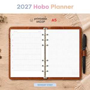 May include: An open A5 2027 Hobo planner with a brown leather cover, featuring a six-ring metal binder mechanism. The left page shows a weekly layout with a Monday start, and the right page features a grid pattern. Text includes 2027 Hobo Planner.